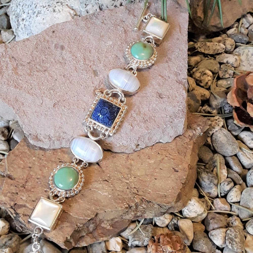 Sterling Multi Gemstone Link Toggle Bracelet - image 1